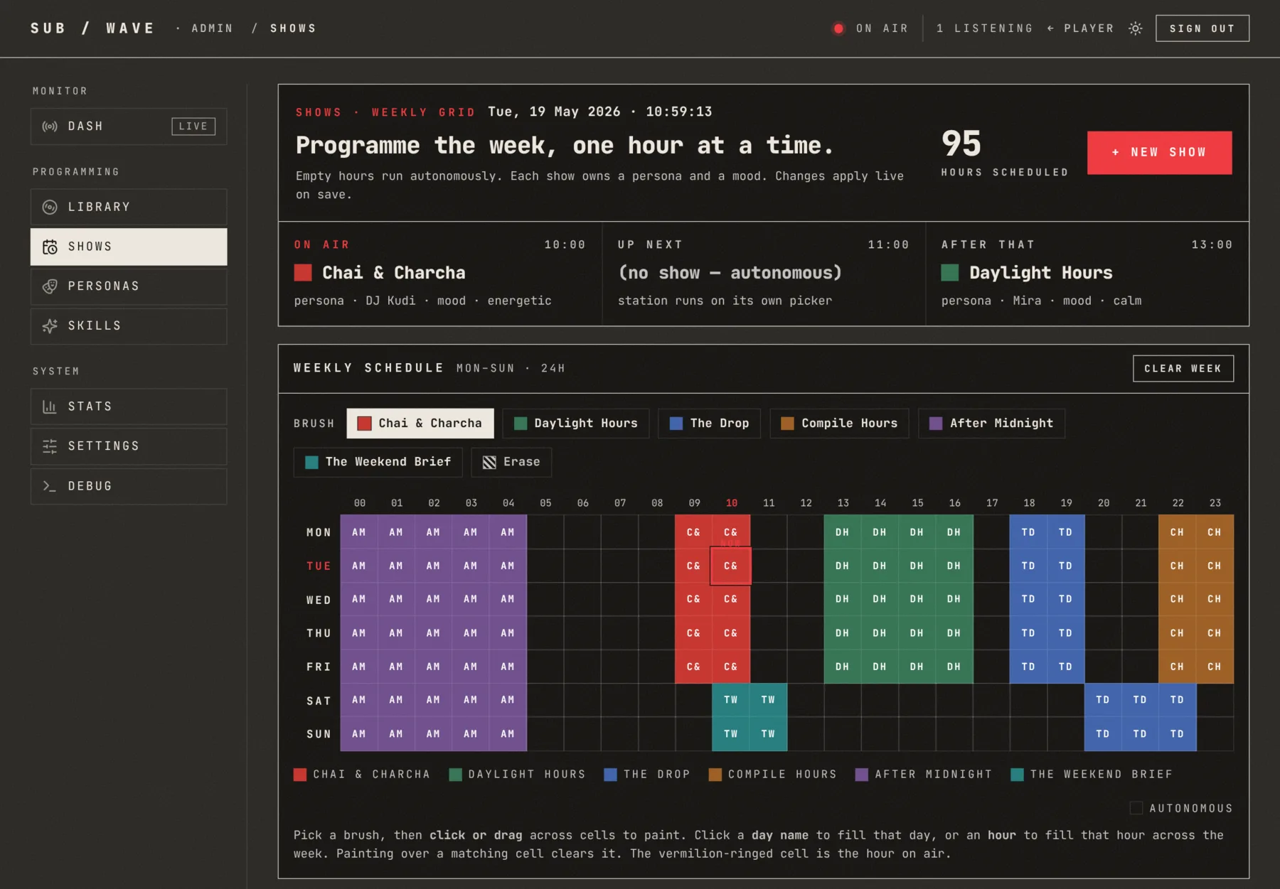 Shows: brush programming onto a 24×7 grid, each slot its own persona and mood.