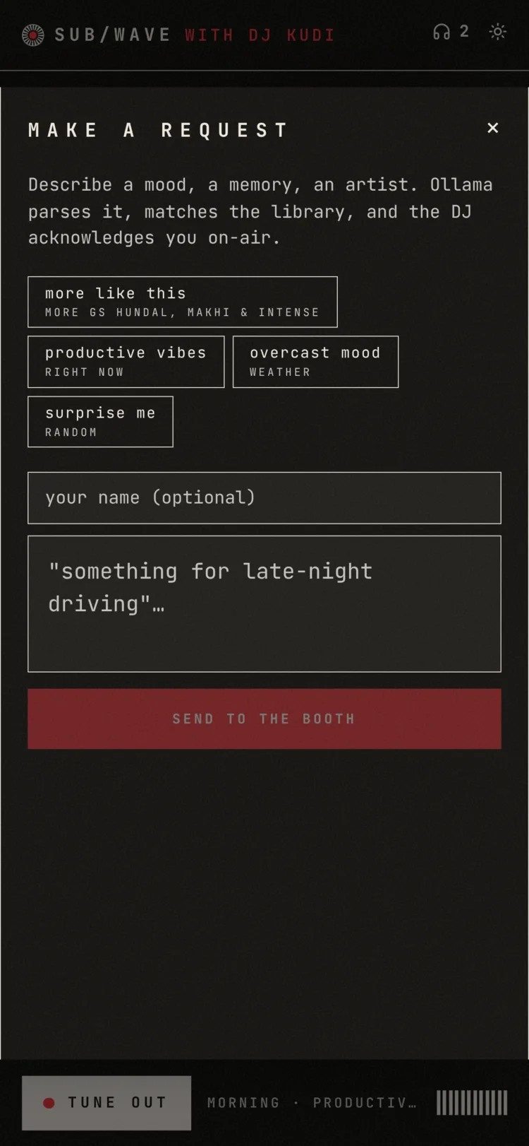 The request drawer: type a song, get an instant ack, watch the match land.